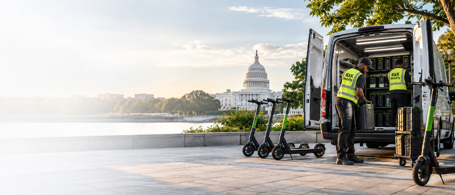 K&K field team loading swappable batteries into a service van beside shared e-scooters near the U.S. Capitol